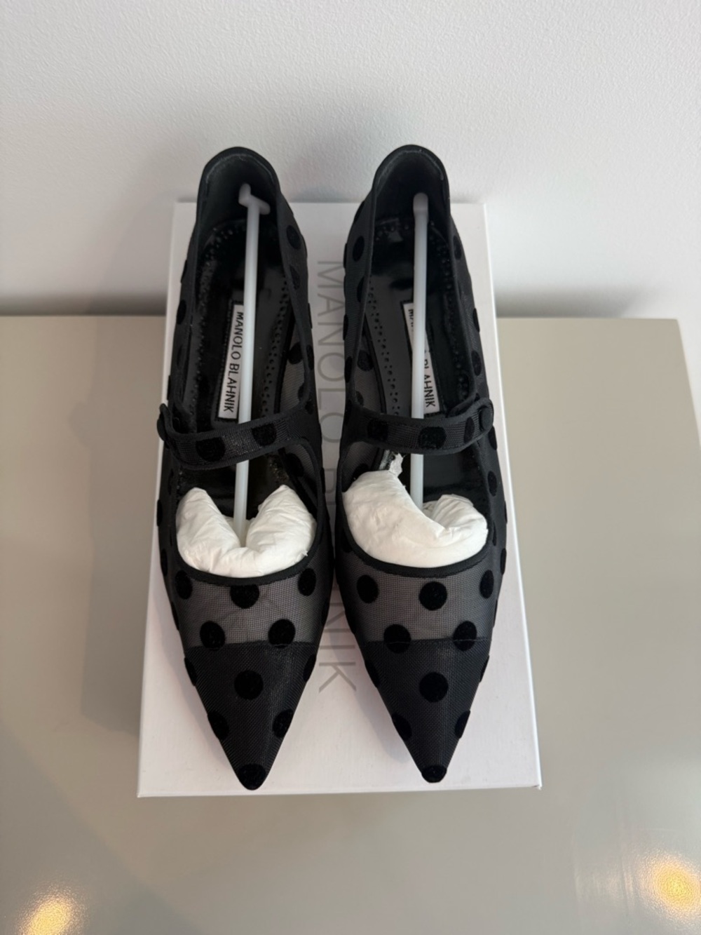 NIB Manolo Blahnik Campari Polka Dot Ballet Flats - Black